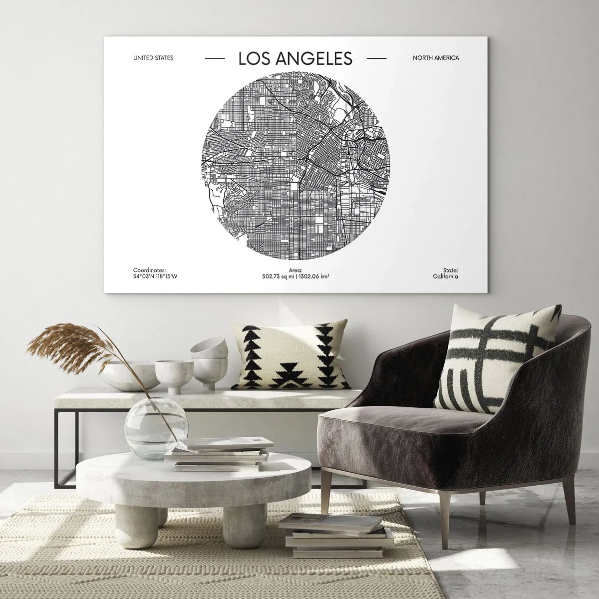 Glasbild - Bild auf glas - Eine minimalistische Schwarzweißkarte von Los Angeles. - 120x80cm - Anatomie von Los Angeles - Moderne Wanddekoration für Wohnzimmer und Schlafzimmer ARTTOR