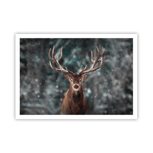 Poster - Hirsche in einem Winterwald mit fallendem Schnee - 100x70cm - Gekrönter König des Waldes - Moderne Wanddekoration für Wohnzimmer und Schlafzimmer ARTTOR