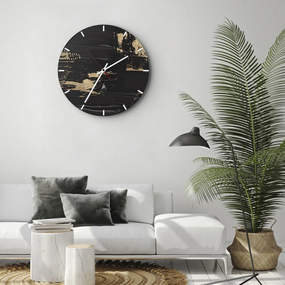 Wanduhr - Glasuhr - Schwarzer Hintergrund mit dynamischen goldenen Pinselstrichen - 30x30cm - Spur einer Berührung - Moderne Wanddekoration für Wohnzimmer, Küche und Schlafzimmer ARTTOR