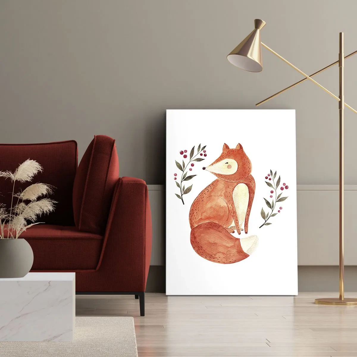 Bild auf Leinwand - Leinwandbild - Ein Aquarellfuchs, umgeben von Zweigen mit Beeren - 50x70cm - Kleine Rothaarige - Moderne Wanddekoration für Wohnzimmer und Schlafzimmer ARTTOR