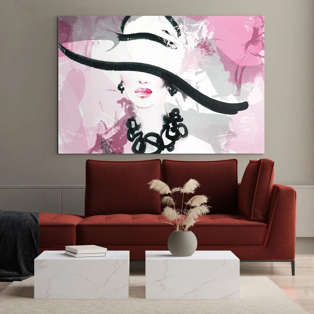 Glasbild - Bild auf glas - Porträt einer Frau mit schwarzem Hut vor rosa Hintergrund - 100x70cm - Bildnis einer Dame in Schwarz und Pink - Moderne Wanddekoration für Wohnzimmer und Schlafzimmer ARTTOR