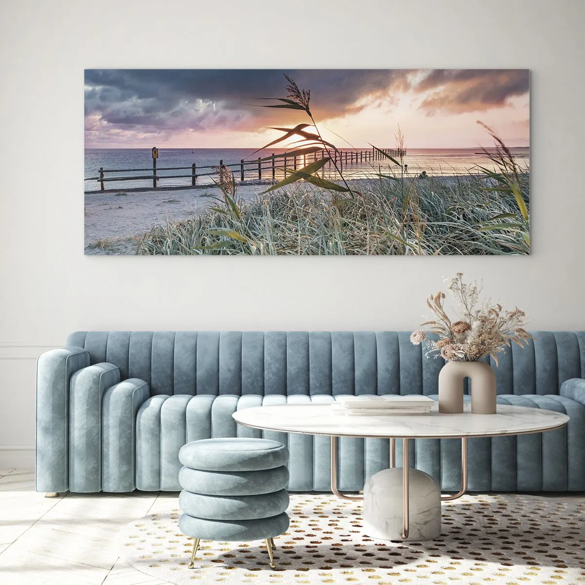 Glasbild - Bild auf glas - Strand bei Sonnenuntergang mit Gräsern im Vordergrund - 140x50cm - Es vergeht nicht mit dem Wind - Moderne Wanddekoration für Wohnzimmer und Schlafzimmer ARTTOR