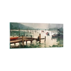 Glasbild - Bild auf glas - Ein malerischer Hafen mit Booten auf ruhigem Wasser - 120x50cm - Durchnässt in einem geschmolzenen Mond - Moderne Wanddekoration für Wohnzimmer und Schlafzimmer ARTTOR