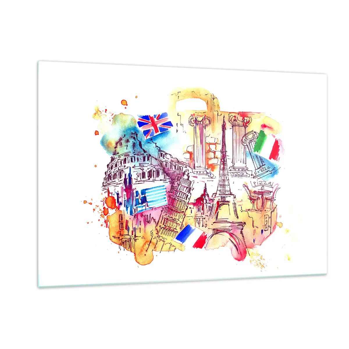 Glasbild - Bild auf glas - Aquarell europäischer Denkmäler mit Länderflaggen - 120x80cm - Europa Tour - Moderne Wanddekoration für Wohnzimmer und Schlafzimmer ARTTOR