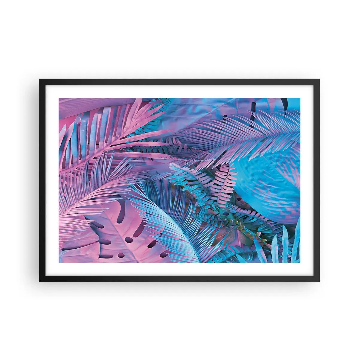 Poster in einem schwarzem Rahmen - Tropische Blätter in Rosa- und Blautönen - 70x50cm - Tropen in Rosa und Blau - Moderne Wanddekoration für Wohnzimmer und Schlafzimmer ARTTOR