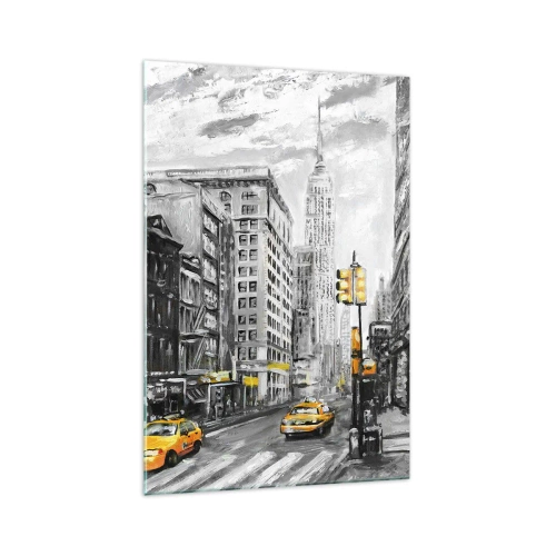 Glasbild - Bild auf glas - New Yorker Straße mit gelben Akzenten - 70x100cm - Eine New Yorker Geschichte - Moderne Wanddekoration für Wohnzimmer und Schlafzimmer ARTTOR