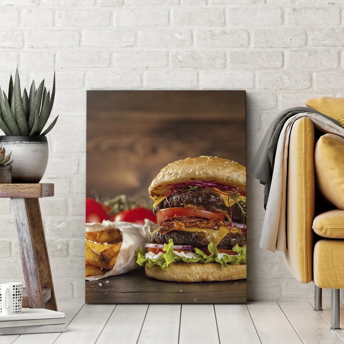 Bild auf Leinwand - Leinwandbild - Appetitlicher Burger mit Extras - 70x100cm - Die verbotene Frucht - Moderne Wanddekoration für Wohnzimmer und Schlafzimmer ARTTOR
