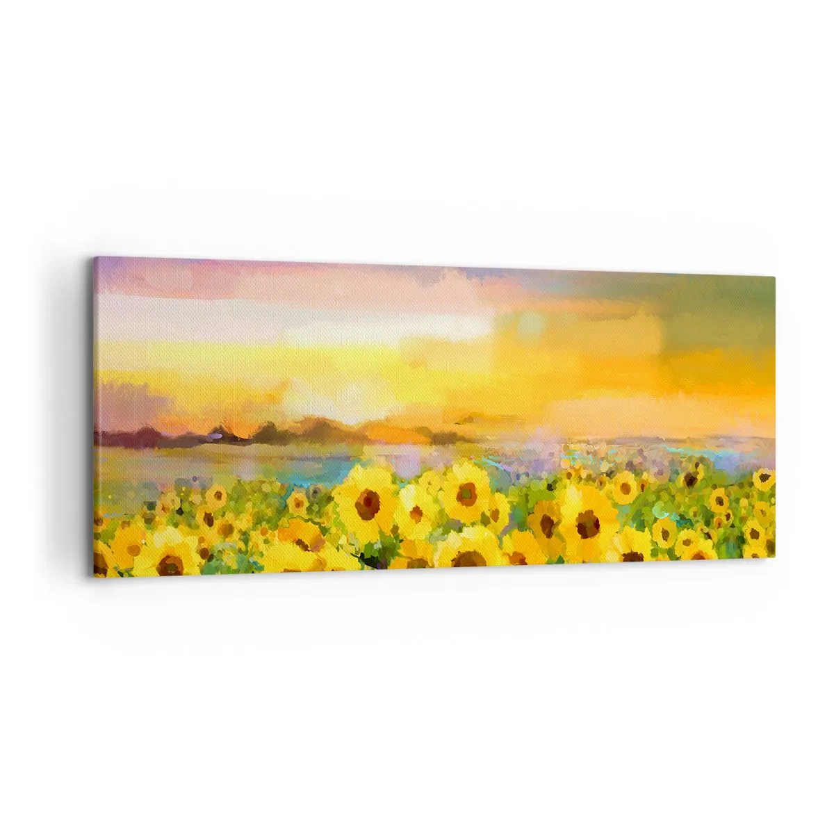 Bild auf Leinwand - Leinwandbild - Ein Sonnenblumenfeld im Licht der untergehenden Sonne - 120x50cm - Die Sonne selbst ist auf die Erde herabgestiegen - Moderne Wanddekoration für Wohnzimmer und Schlafzimmer ARTTOR