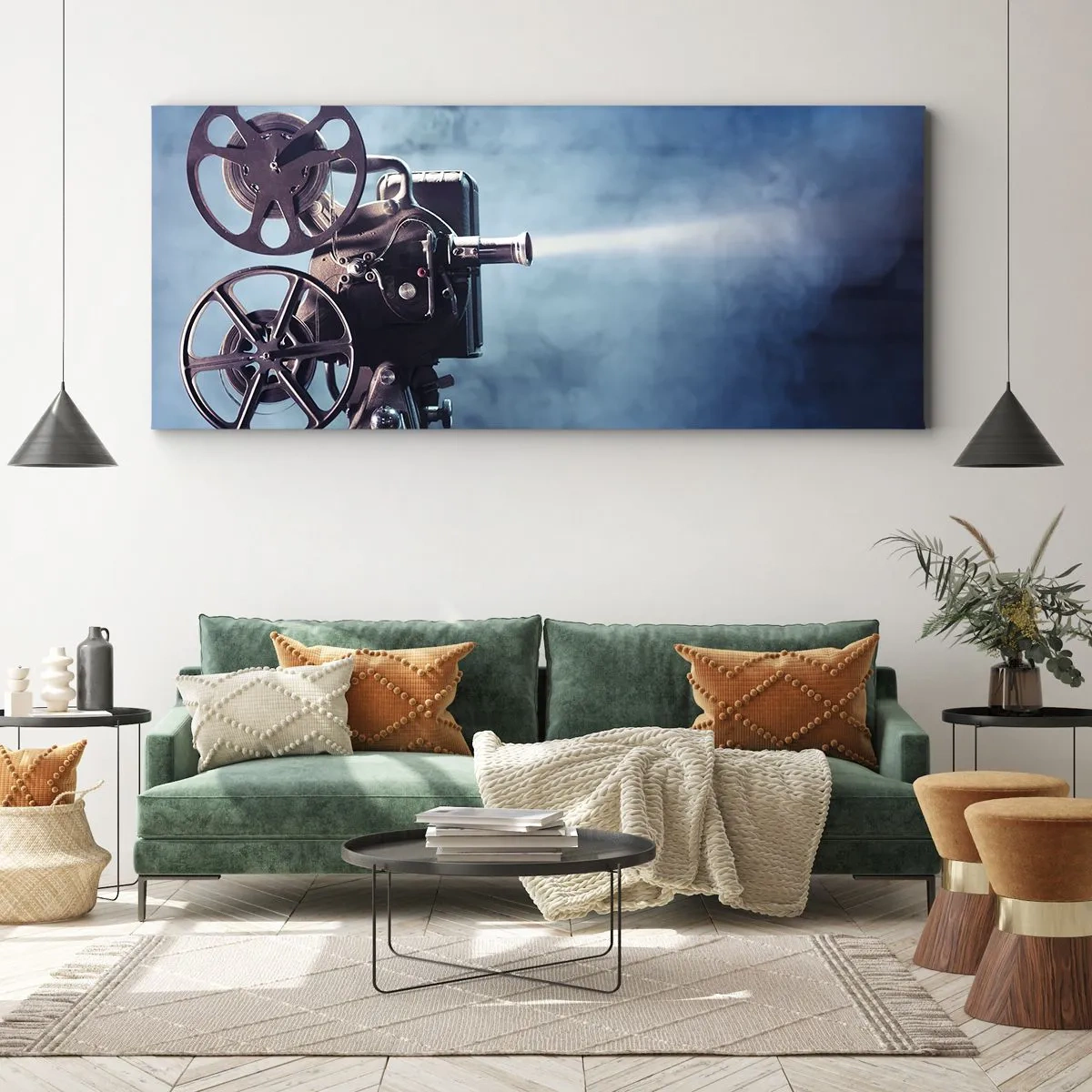 Bild auf Leinwand - Leinwandbild - Ein alter Filmprojektor wirft Licht vor einen blauen Hintergrund - 160x50cm - Im alten Kino - Moderne Wanddekoration für Wohnzimmer und Schlafzimmer ARTTOR