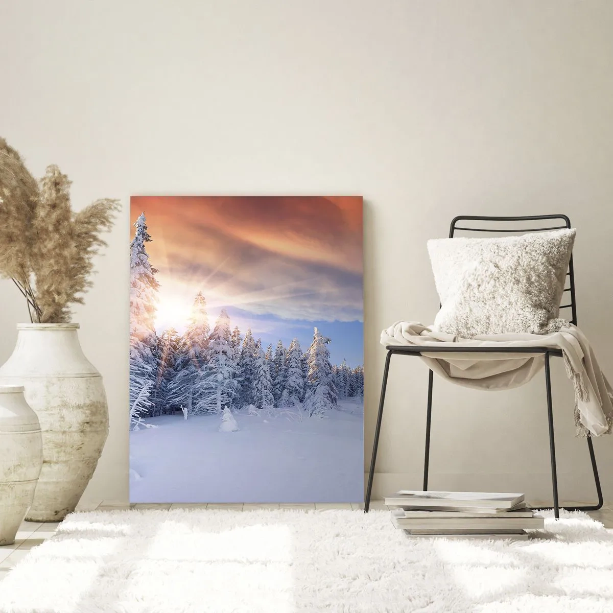 Glasbild - Bild auf glas - Winterlandschaft mit schneebedeckten Bäumen bei Sonnenuntergang - 50x70cm - Ein verschneites Naturschauspiel - Moderne Wanddekoration für Wohnzimmer und Schlafzimmer ARTTOR