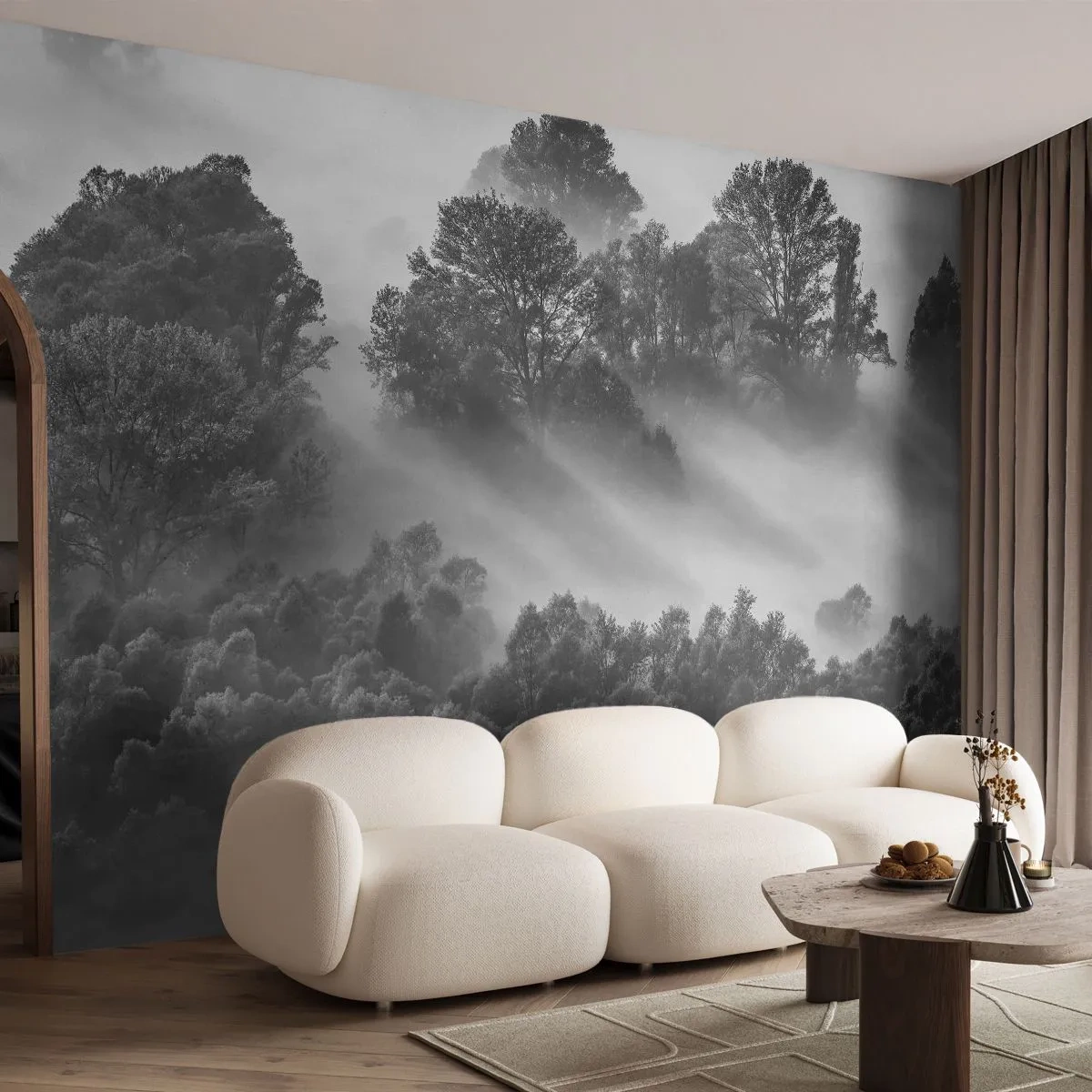 Fototapete Premium Sand - Aufstehend aus dem Schlaf - Landschaft, Wald, Nebel - 100x70 cm