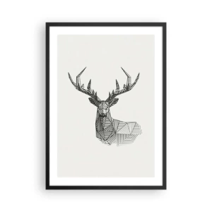 Poster in einem schwarzem Rahmen - Geometrische Silhouette eines Hirsches im Schwarz-Weiß-Stil - 50x70cm - Ein Hirsch im kubistischen Stil - Moderne Wanddekoration für Wohnzimmer und Schlafzimmer ARTTOR