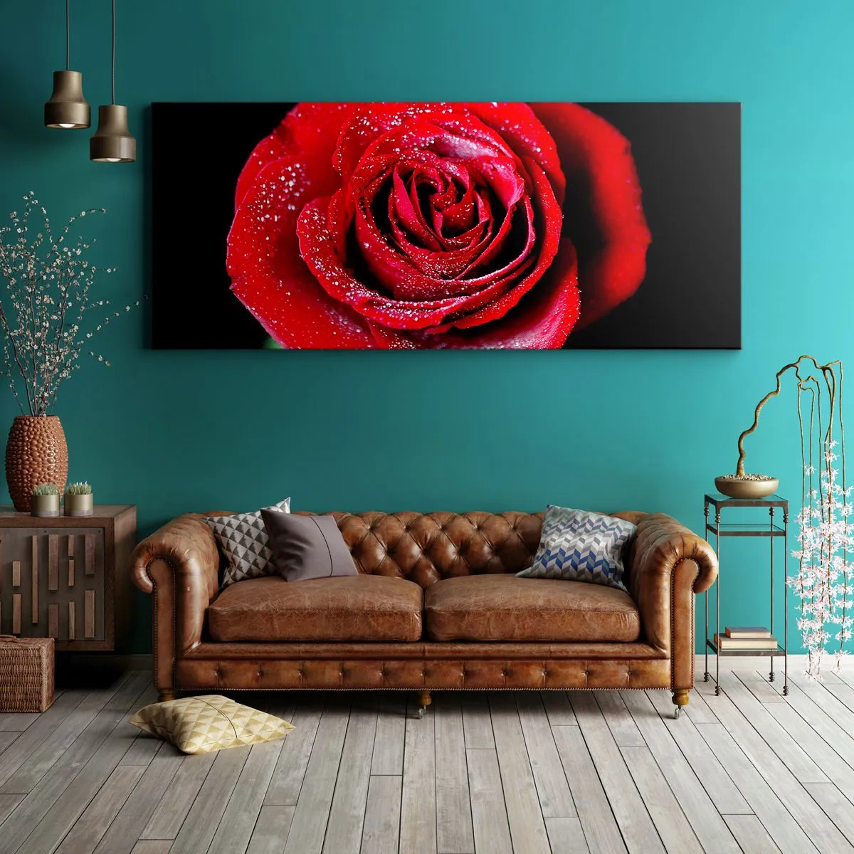Bild auf Leinwand - Leinwandbild - Eine rote Rose mit Tautropfen auf schwarzem Hintergrund. - 120x50cm - Das ist Liebe - Moderne Wanddekoration für Wohnzimmer und Schlafzimmer ARTTOR