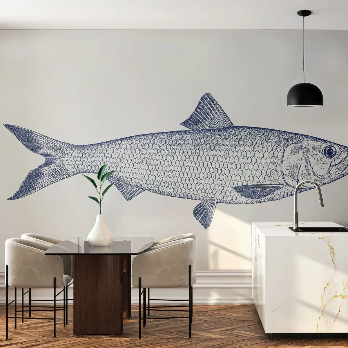 Fototapete Premium Sand - Fischzeichnung im Vintage-Stil auf hellem Hintergrund - 100x70cm - Grüße aus den nördlichen Meeren - Moderne Wanddekoration für Wohnzimmer und Schlafzimmer ARTTOR