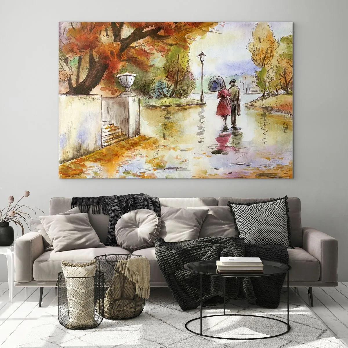 Glasbild - Bild auf glas - Herbstspaziergang eines Paares durch einen Park mit bunten Blättern - 100x70cm - Romantischer Herbst im Park - Moderne Wanddekoration für Wohnzimmer und Schlafzimmer ARTTOR