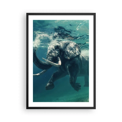 Poster in einem schwarzem Rahmen - Ein Elefant schwimmt im türkisfarbenen Wasser - 50x70cm - Jeder schwimmt gerne - Moderne Wanddekoration für Wohnzimmer und Schlafzimmer ARTTOR