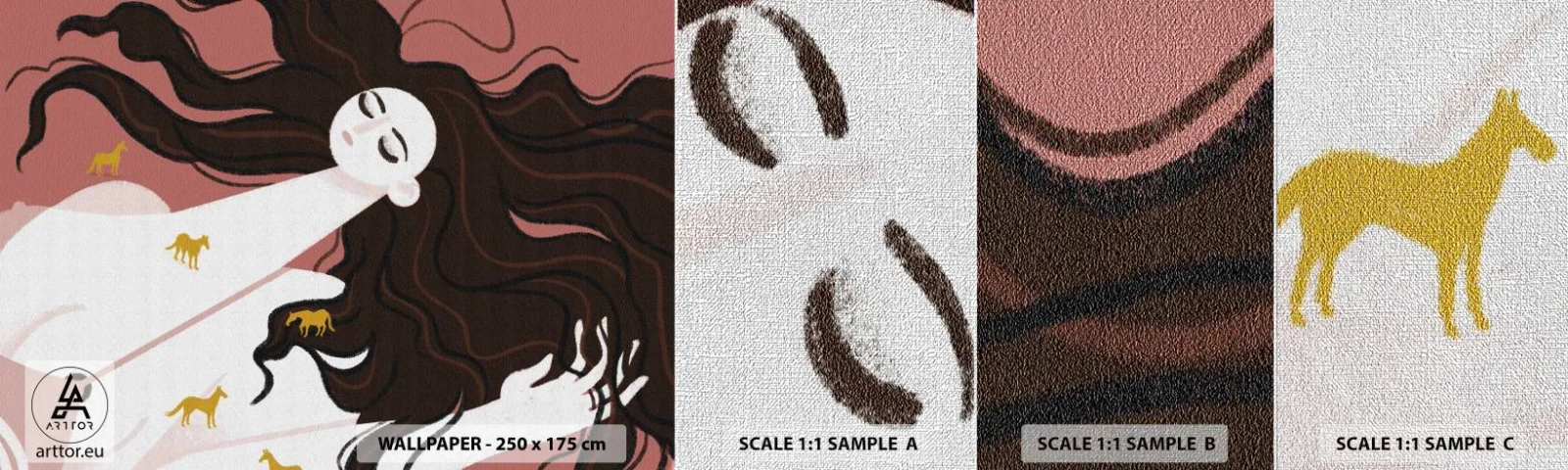 Fototapeten Muster Premium Canvas - Traum von einem goldenen Pferd - Frau, Porträt, Minimalismus - 100x30 cm