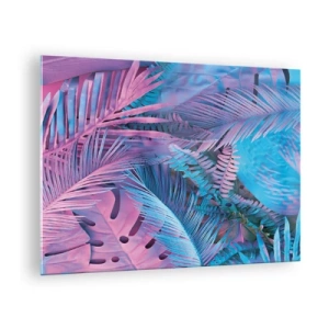Glasbild - Bild auf glas - Tropische Blätter in Rosa- und Blautönen auf neonfarbenem Hintergrund - 70x50cm - Tropen in Rosa und Blau - Moderne Wanddekoration für Wohnzimmer und Schlafzimmer ARTTOR