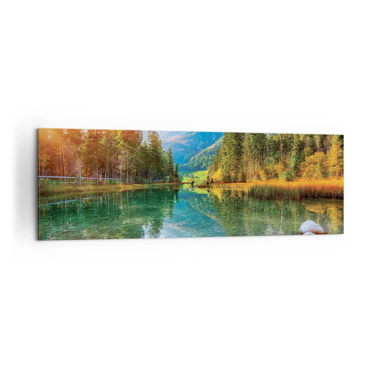 Bild auf Leinwand - Leinwandbild - Ein malerischer See, umgeben von Bergen und Wäldern - 160x50cm - Die Sanftheit des Herbstes - Moderne Wanddekoration für Wohnzimmer und Schlafzimmer ARTTOR