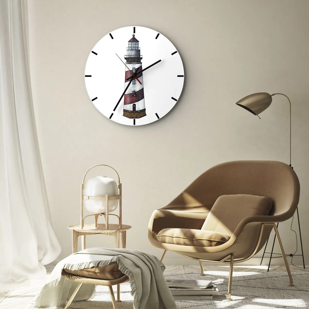 Wanduhr - Glasuhr - Ein Leuchtturm mit roten und weißen Streifen auf weißem Hintergrund - 30x30cm - Immer auf der Hut - Moderne Wanddekoration für Wohnzimmer, Küche und Schlafzimmer ARTTOR