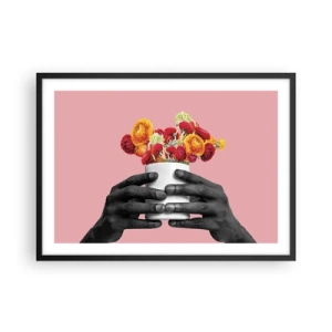 Poster in einem schwarzem Rahmen - Hände halten einen Strauß bunter Blumen - 70x50cm - Die Apotheose des Lebens - Moderne Wanddekoration für Wohnzimmer und Schlafzimmer ARTTOR