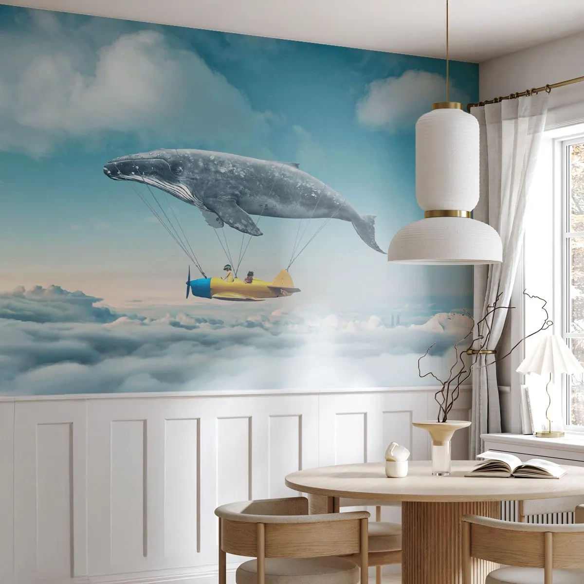Selbstklebende Fototapete Deluxe Sticker - Warum nicht? - Wal, Kinder, Flugzeug - 250x175 cm