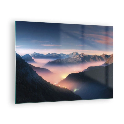 Glasbild - Bild auf glas - Berglandschaft bei Sonnenuntergang mit Nebel im Tal - 70x50cm - Licht in den Tälern - Moderne Wanddekoration für Wohnzimmer und Schlafzimmer ARTTOR
