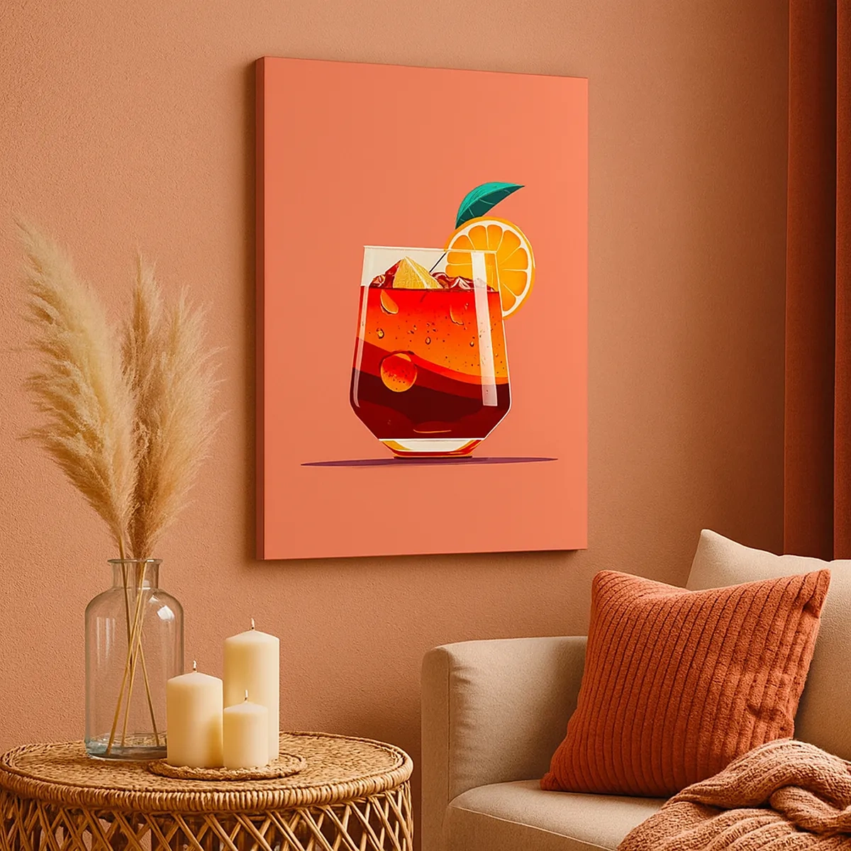 Bild auf Leinwand - Leinwandbild - Ein Glas Getränk und eine Orangenscheibe auf orangefarbenem Hintergrund - 50x70cm - Sommerliche Erfrischung - Moderne Wanddekoration für Wohnzimmer und Schlafzimmer ARTTOR