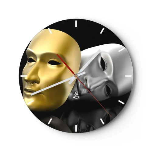 Wanduhr - Glasuhr - Gold- und Silber-Theatermaske auf schwarzem Hintergrund - 30x30cm - Das Leben ist wie ein Theater - Moderne Wanddekoration für Wohnzimmer, Küche und Schlafzimmer ARTTOR