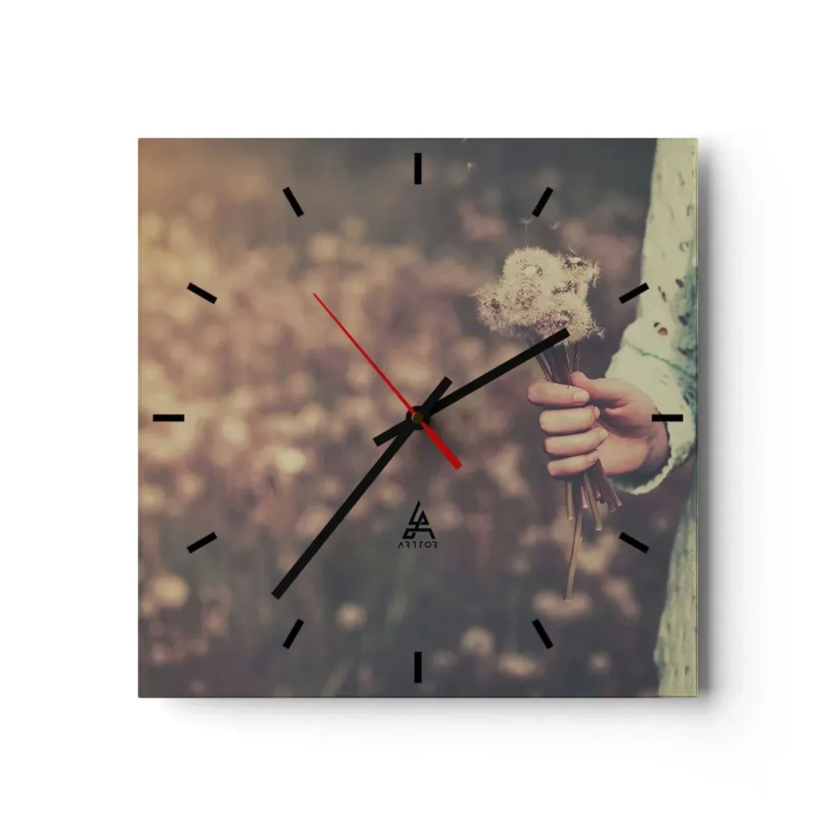 Wanduhr - Glasuhr - Eine Hand hält Löwenzahn vor dem unscharfen Hintergrund eines Feldes voller Blumen. - 30x30cm - Bitte behalte sie - Moderne Wanddekoration für Wohnzimmer und Schlafzimmer ARTTOR