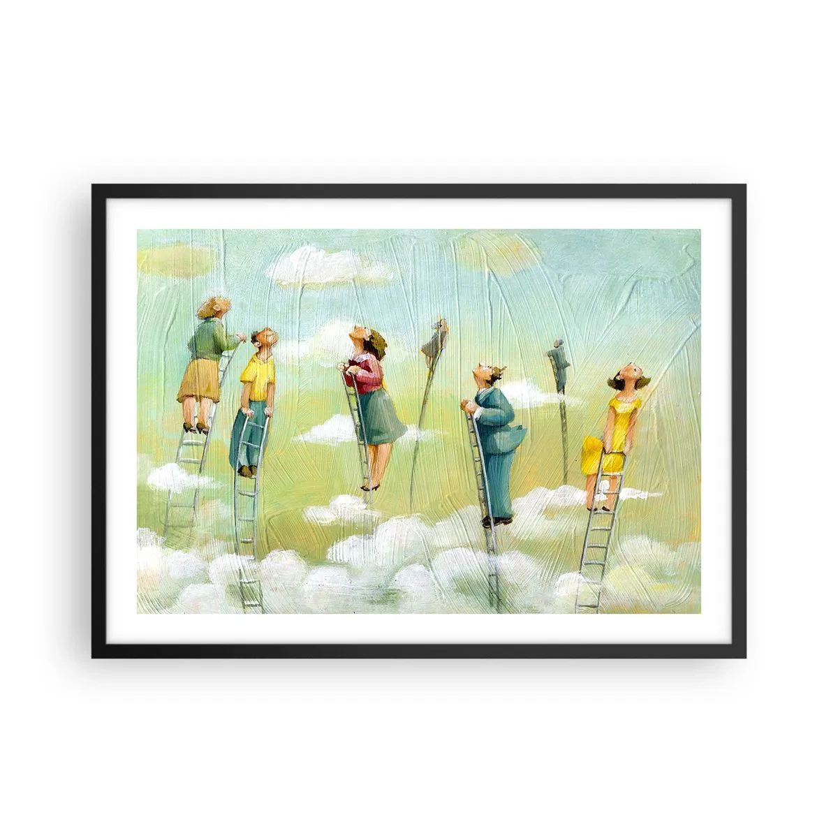 Poster in einem schwarzem Rahmen - Figuren, die auf pastellfarbenem Hintergrund zwischen Wolken Leitern hochklettern. - 70x50cm - Hinter deinem Traum - Moderne Wanddekoration für Wohnzimmer und Schlafzimmer ARTTOR