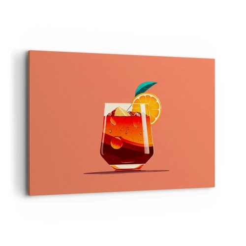 Bild auf Leinwand - Leinwandbild - Ein Glas Getränk und eine Orangenscheibe auf orangefarbenem Hintergrund - 120x80cm - Sommerliche Erfrischung - Moderne Wanddekoration für Wohnzimmer und Schlafzimmer ARTTOR