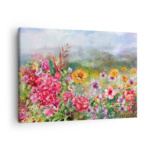 Bild auf Leinwand - Leinwandbild - Eine farbenfrohe Blumenkomposition vor einem pastellfarbenen Landschaftshintergrund - 70x50cm - Ein Garten, der verrückt geworden ist - Moderne Wanddekoration für Wohnzimmer und Schlafzimmer ARTTOR
