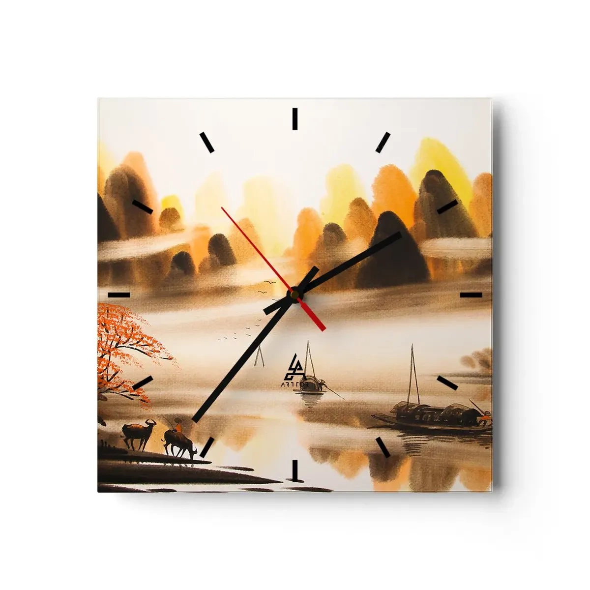 Wanduhr - Glasuhr - Eine orientalische Landschaft mit Fluss, Bergen und sanftem Nebel. - 30x30cm - Weiter als im Fernosten - Moderne Wanddekoration für Wohnzimmer und Schlafzimmer ARTTOR