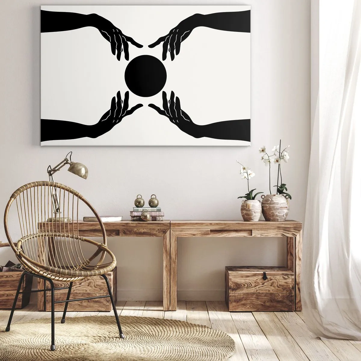 Bild auf Leinwand - Leinwandbild - Schwarze Hände in einer symmetrischen Komposition mit einer Kugel - 100x70cm - Geheimes Zeichen - Moderne Wanddekoration für Wohnzimmer und Schlafzimmer ARTTOR