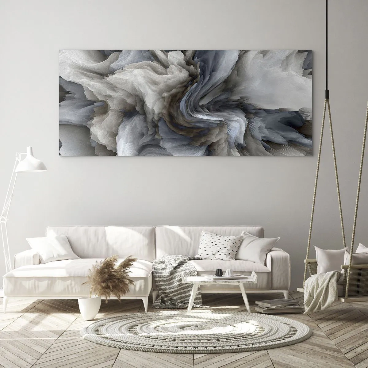 Glasbild - Bild auf glas - Abstrakter Wirbel in Grau- und Blautönen - 160x50cm - Stein und Blume - Moderne Wanddekoration für Wohnzimmer und Schlafzimmer ARTTOR