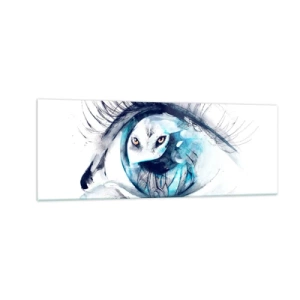 Glasbild - Bild auf glas - Ein Auge mit dem Bild einer Eule in Aquarell-Blautönen - 140x50cm - Auge in Auge mit Wildheit - Moderne Wanddekoration für Wohnzimmer und Schlafzimmer ARTTOR
