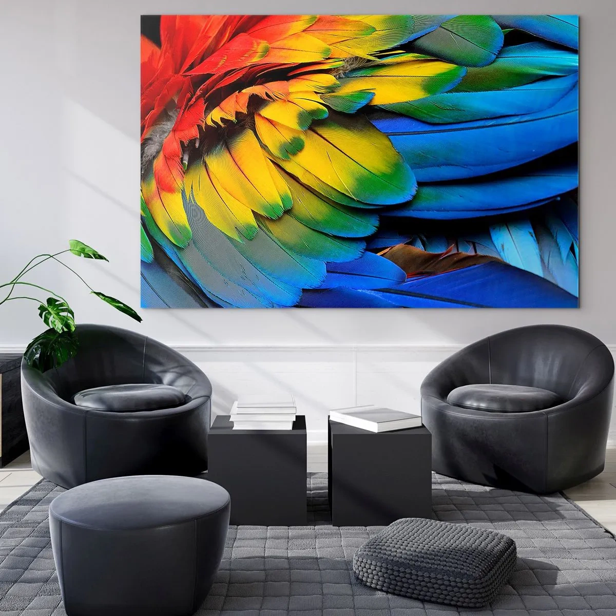 Glasbild - Bild auf glas - Bunte Papageienfedern in intensiven Regenbogenfarben - 100x70cm - Paradiesvogel - Moderne Wanddekoration für Wohnzimmer und Schlafzimmer ARTTOR