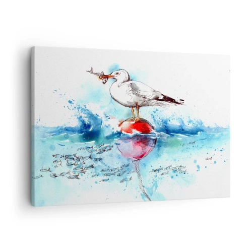 Bild auf Leinwand - Leinwandbild - Möwe auf einer Boje mit Fischen im Hintergrund im Aquarellstil - 70x50cm - Erfolgreicher Fang - Moderne Wanddekoration für Wohnzimmer und Schlafzimmer ARTTOR