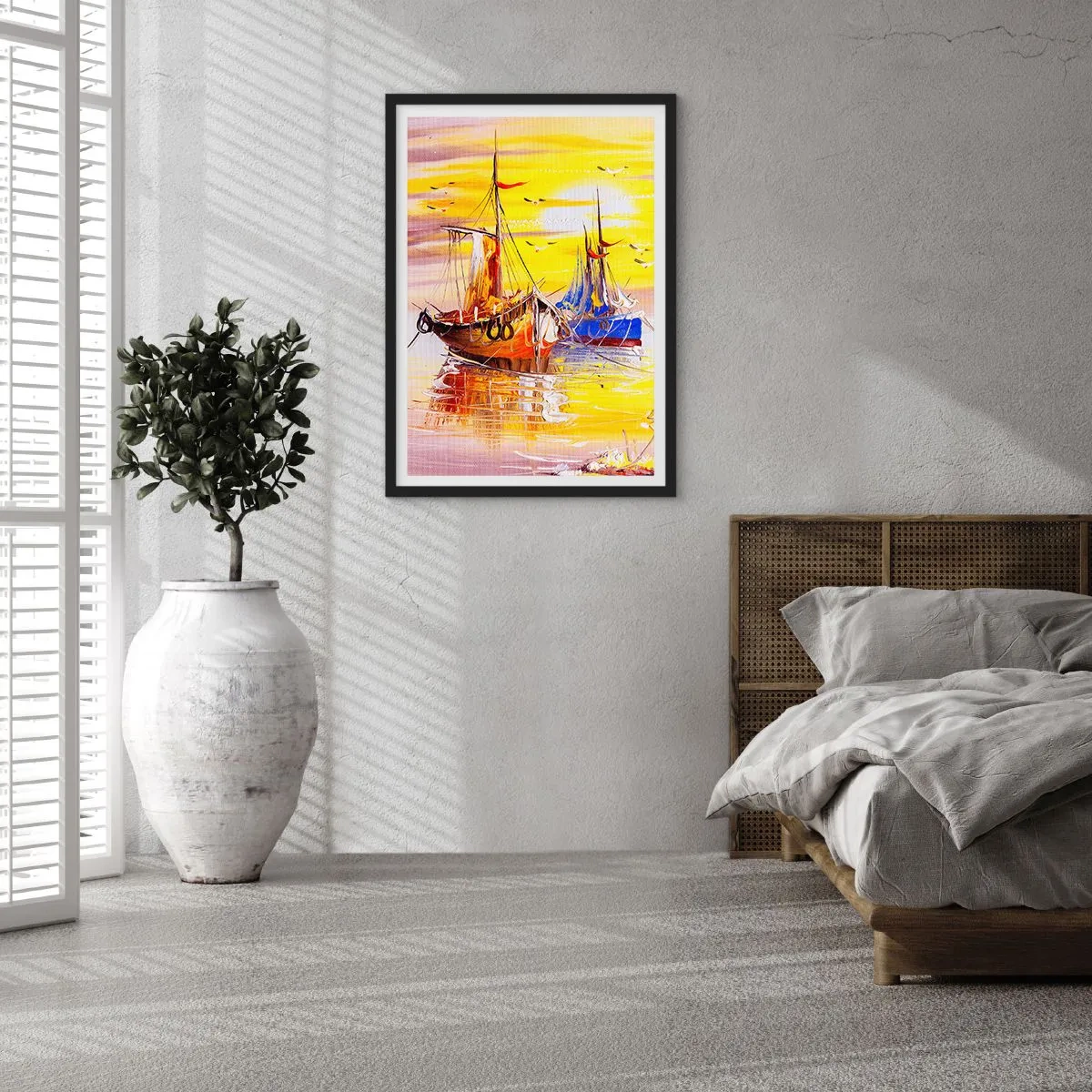 Poster in einem schwarzem Rahmen - Bunte Segelboote bei Sonnenuntergang - 50x70cm - Eine wohlverdiente Pause im Hafen - Moderne Wanddekoration für Wohnzimmer und Schlafzimmer ARTTOR