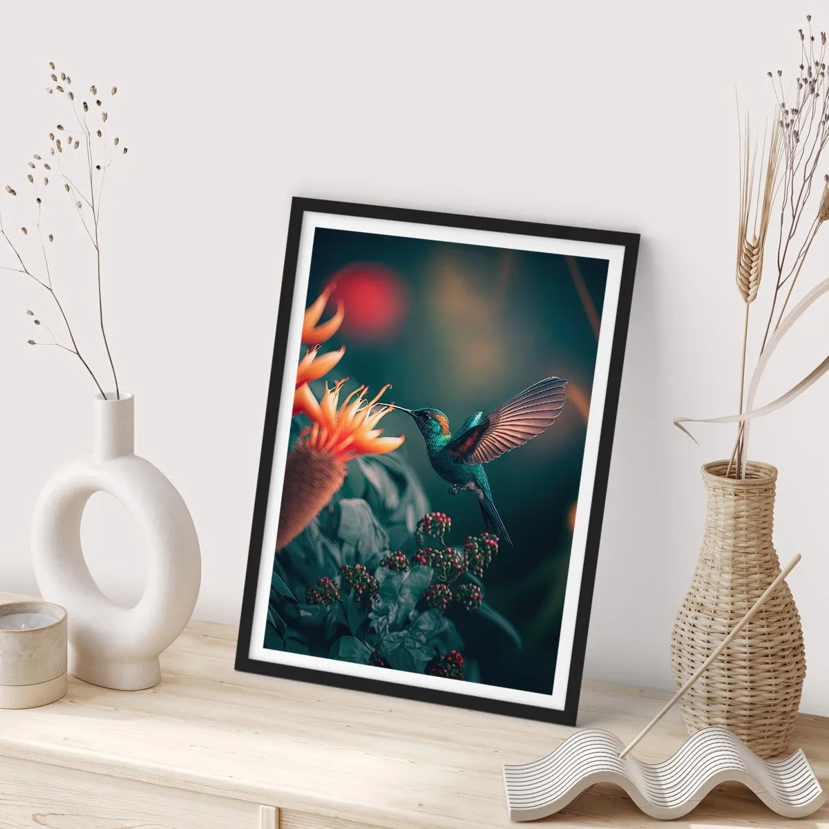 Poster in einem schwarzem Rahmen - Ein bunter Kolibri in der Nähe von Blumen im Grünen - 50x70cm - Wirklich buntes Leben - Moderne Wanddekoration für Wohnzimmer und Schlafzimmer ARTTOR