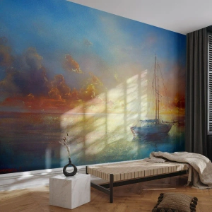 Fototapete Standard Eco - Ein Segelboot auf ruhiger See bei Sonnenuntergang - 100x70cm - In einer goldenen Bucht - Moderne Wanddekoration für Wohnzimmer und Schlafzimmer ARTTOR