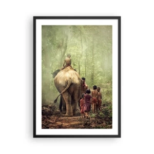 Poster in einem schwarzem Rahmen - Kinder und ein Elefant im Regenwald - 50x70cm - Neues Dschungelbuch - Moderne Wanddekoration für Wohnzimmer und Schlafzimmer ARTTOR