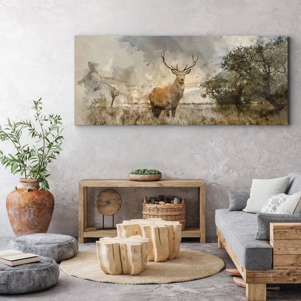 Bild auf Leinwand - Leinwandbild - Ein Hirsch in einer natürlichen Umgebung im Aquarellstil - 140x50cm - Würde – Stärke – Würde - Moderne Wanddekoration für Wohnzimmer und Schlafzimmer ARTTOR