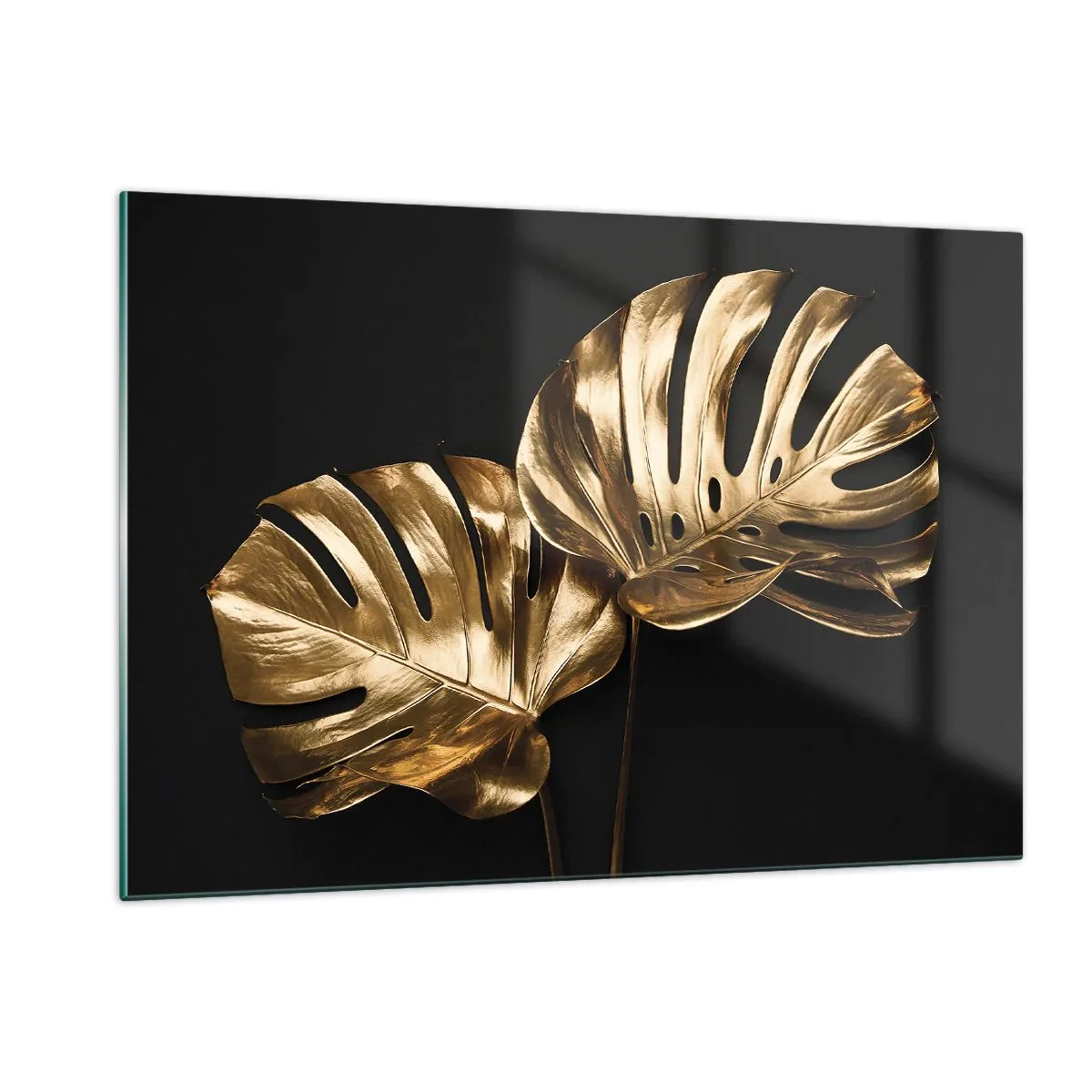 Glasbild - Bild auf glas - Goldene Monstera-Blätter auf schwarzem Hintergrund - 120x80cm - Die Schätze der Natur - Moderne Wanddekoration für Wohnzimmer und Schlafzimmer ARTTOR