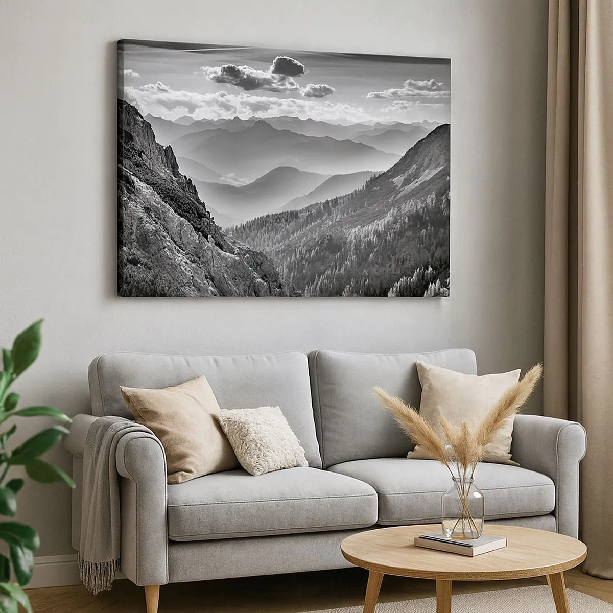 Bild auf Leinwand - Leinwandbild - Schwarz-weiße Berglandschaft mit Wolken über den Gipfeln - 70x50cm - Bis zum Horizont - Moderne Wanddekoration für Wohnzimmer und Schlafzimmer ARTTOR