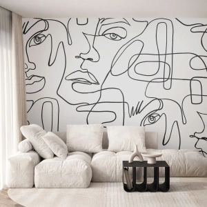 Fototapete Standard Eco - Schwarze Gesichtskonturen, die in einem durchgehenden Strich gezeichnet sind - 100x70cm - In verworrenen Gefühlen - Moderne Wanddekoration für Wohnzimmer und Schlafzimmer ARTTOR