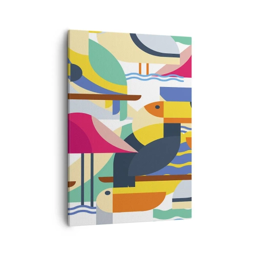 Bild auf Leinwand - Leinwandbild - Bunte Vögel in einer abstrakten, geometrischen Komposition - 50x70cm - Vogelparty - Moderne Wanddekoration für Wohnzimmer und Schlafzimmer ARTTOR