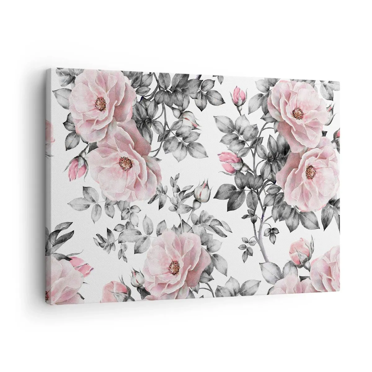 Bild auf Leinwand - Leinwandbild - Rosa Rosen und Blätter auf einem zarten schwarz-weißen Hintergrund - 70x50cm - Verliere dich in den Blüten der Rosen - Moderne Wanddekoration für Wohnzimmer und Schlafzimmer ARTTOR