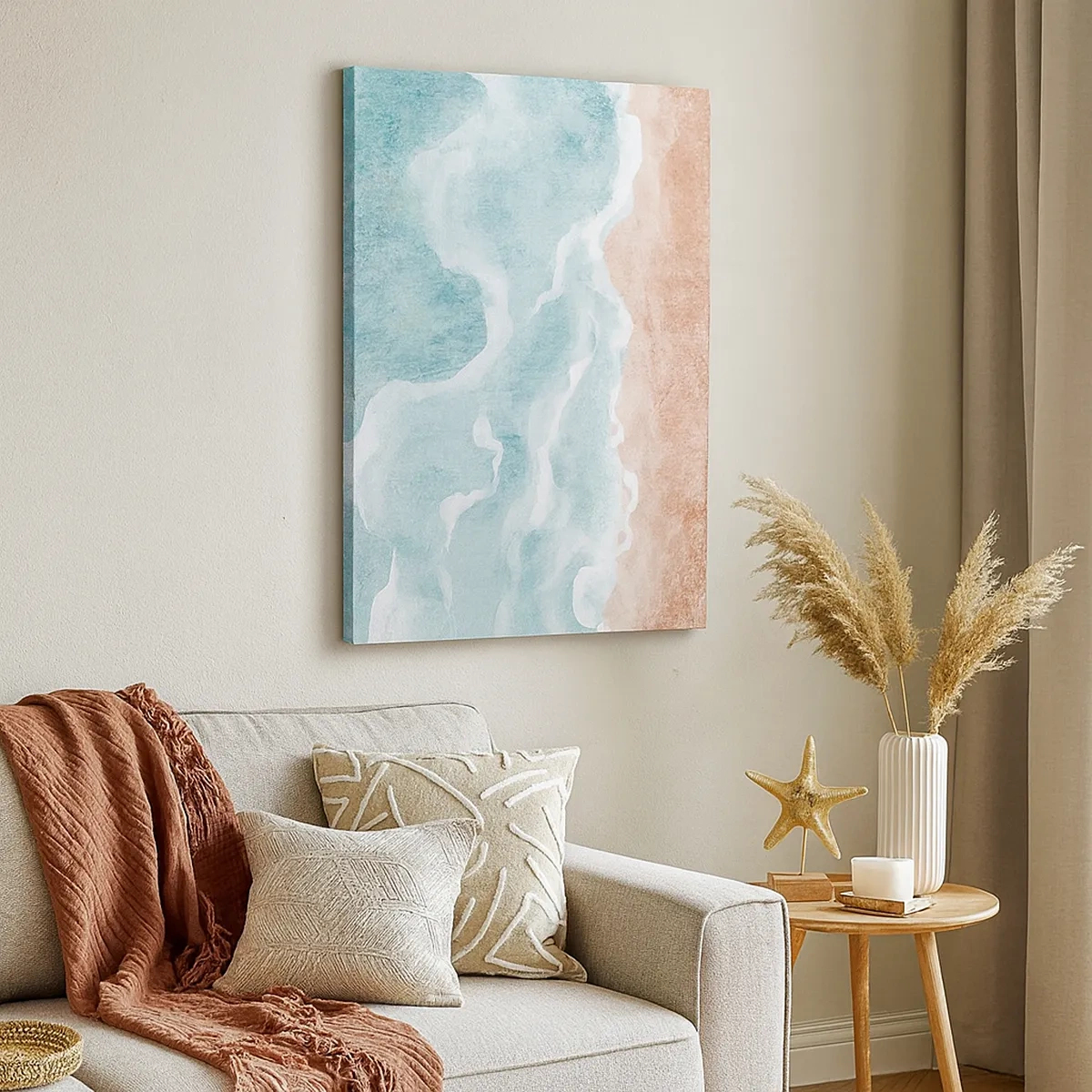 Bild auf Leinwand - Leinwandbild - Abstrakter Strand mit Wellen in Blau- und Beigetönen - 50x70cm - Cloud-Abstraktion - Moderne Wanddekoration für Wohnzimmer und Schlafzimmer ARTTOR